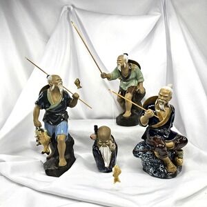 Set of 4Chinese Mudmen Clay  Fishermen  Figurines Ceramic Glaze.